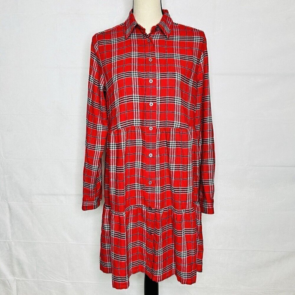 NWT Ann Taylor Loft Flannel Shirt Dress Sz S Red Plaid Long-Sleeve Soft NEW